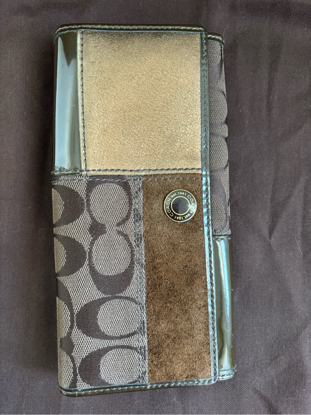 Coach Patchwork Continental Wallet in Brown and Dark Brown